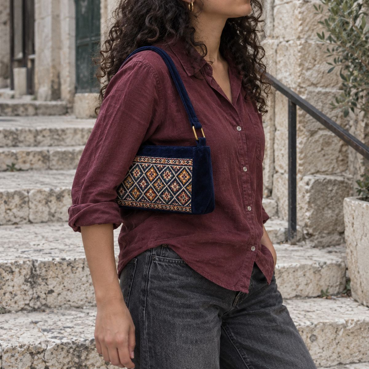 Midnight Blue Geometric Velvet Tatreez Shoulder Bag - model