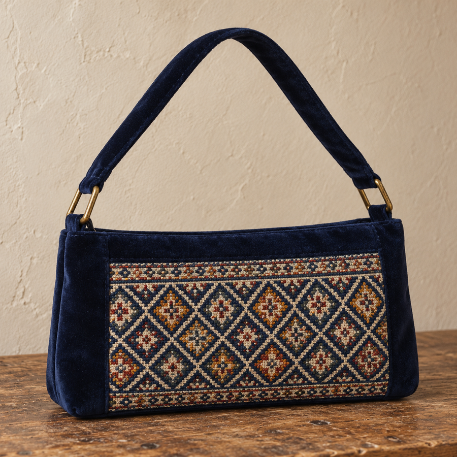 Midnight Blue Geometric Velvet Tatreez Shoulder Bag - product