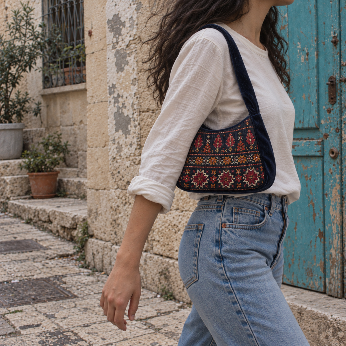 Compact midnight navy tatreez bag worn on the shoulder