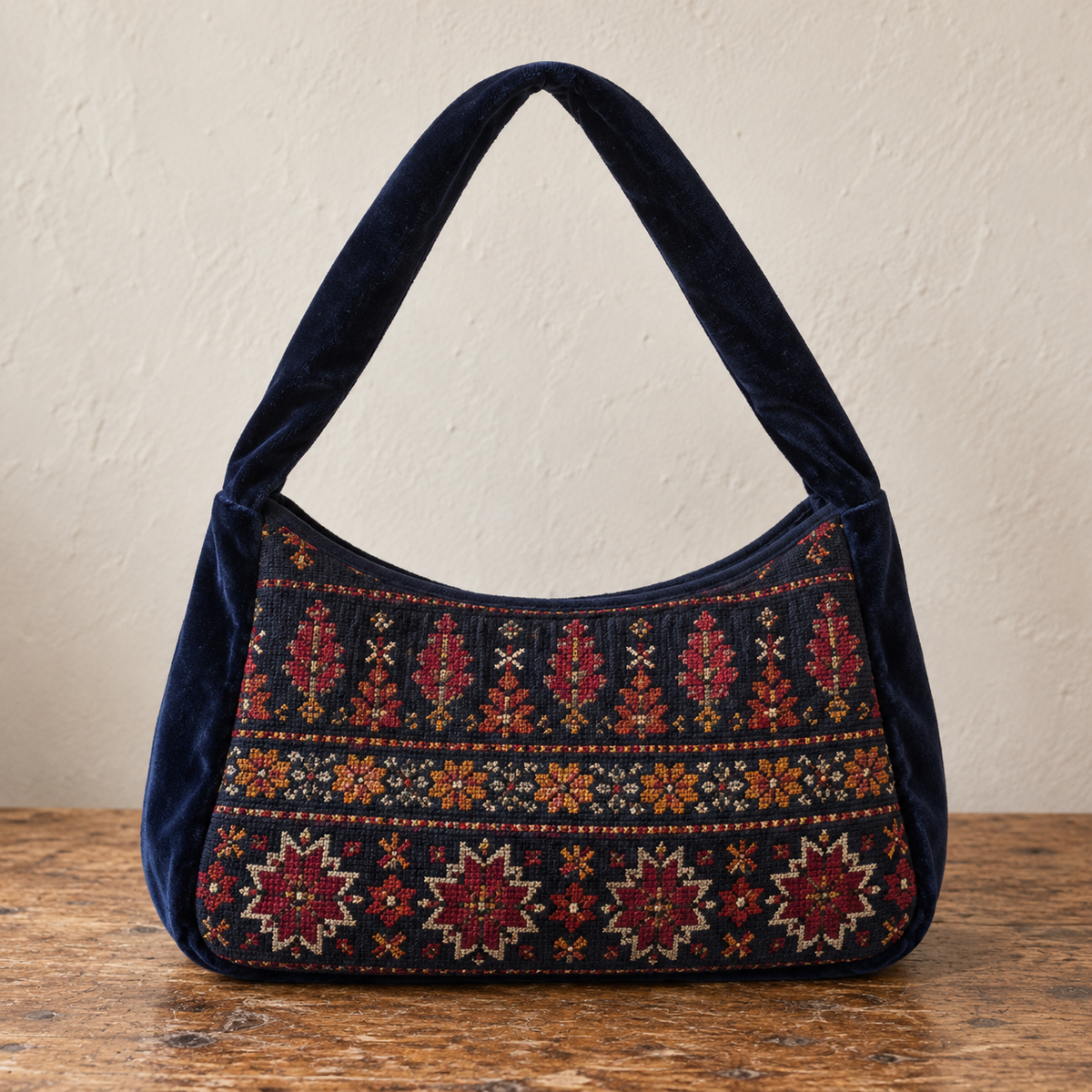 Midnight navy velvet tatreez shoulder bag with colourful embroidered panel
