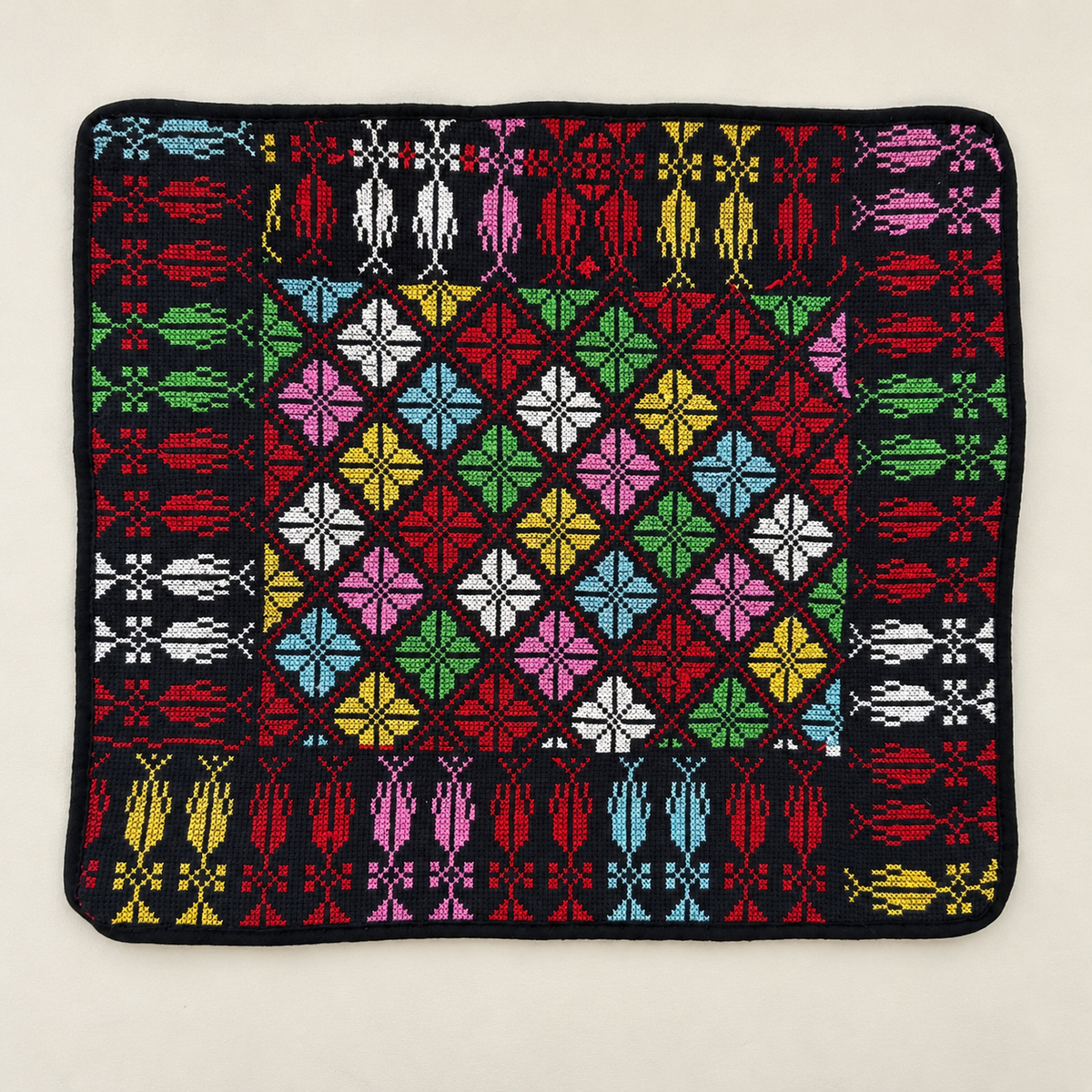 Multicolour Diamond Tatreez Cushion Cover - Black, embroidered front laid flat