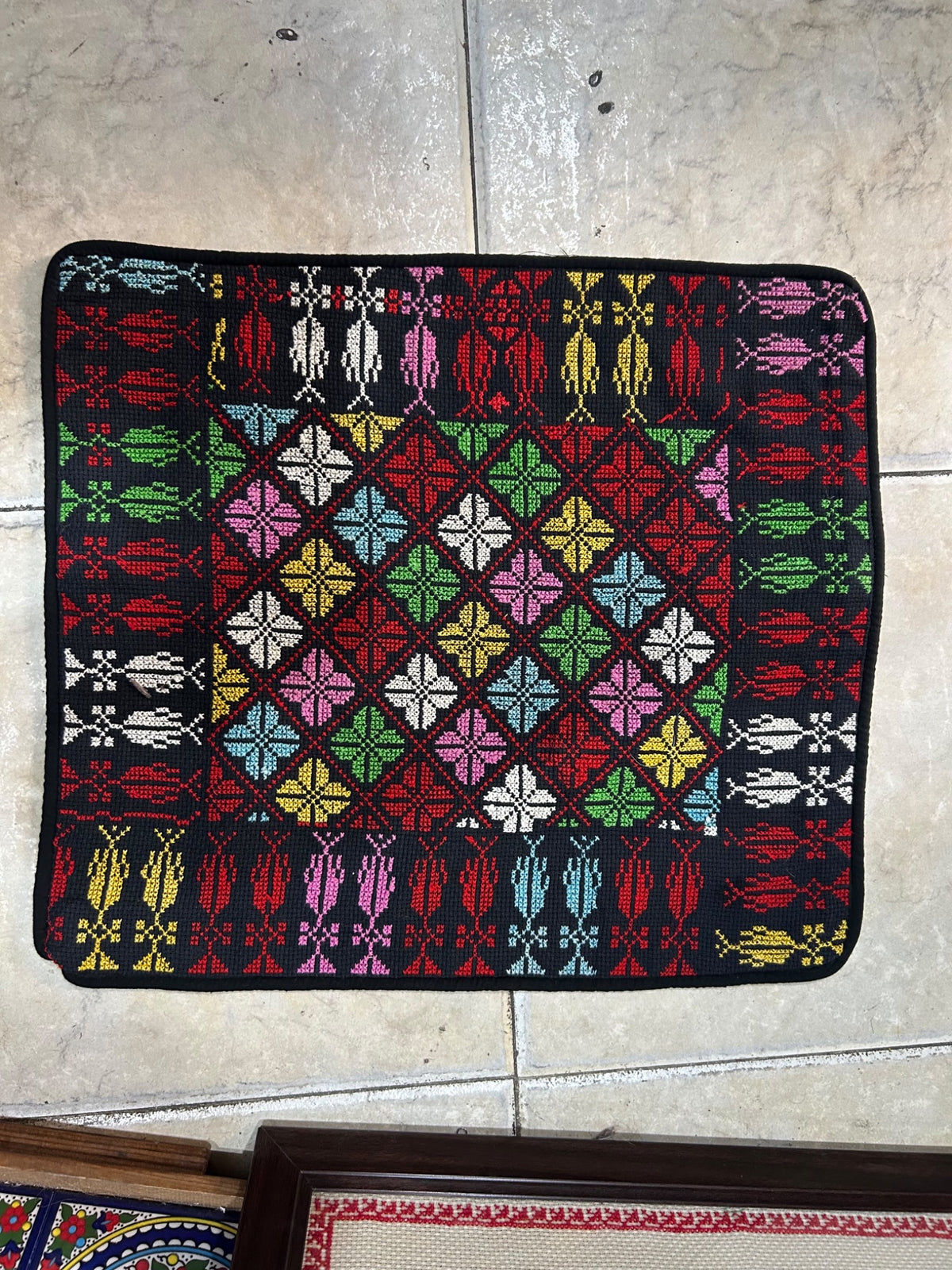 Multicolour Diamond Tatreez Cushion Cover - Black, original shop photograph