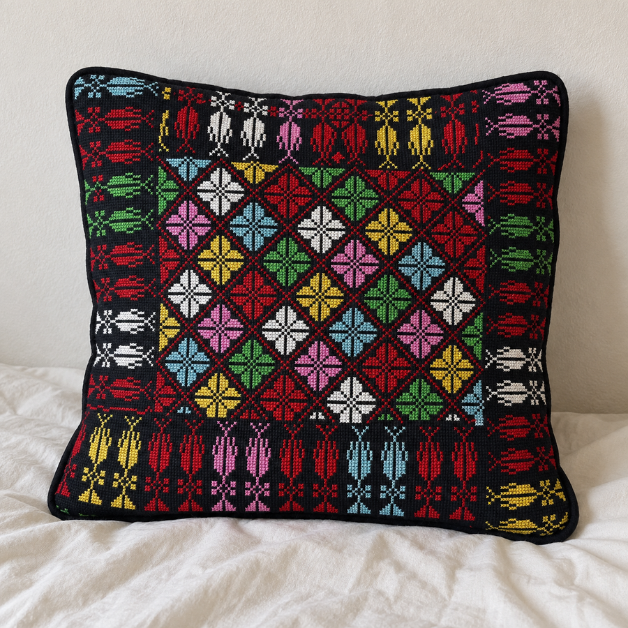 Multicolour Diamond Tatreez Cushion Cover - Black, styled on a cushion insert