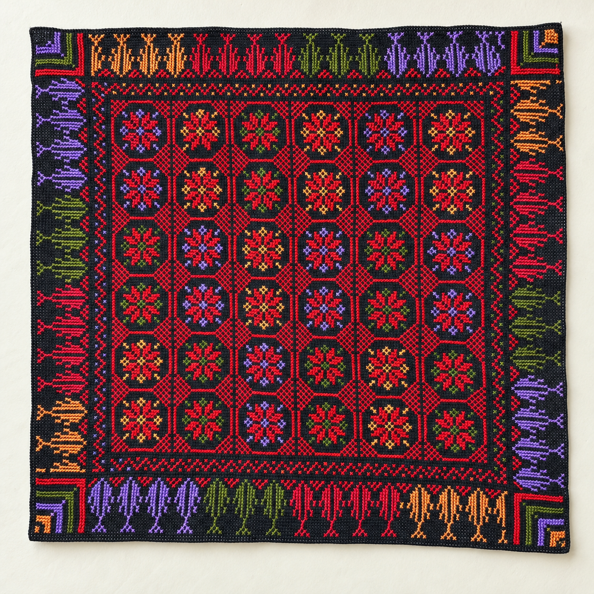 Multicolour Rosette Tatreez Cushion Cover - Black, embroidered front laid flat