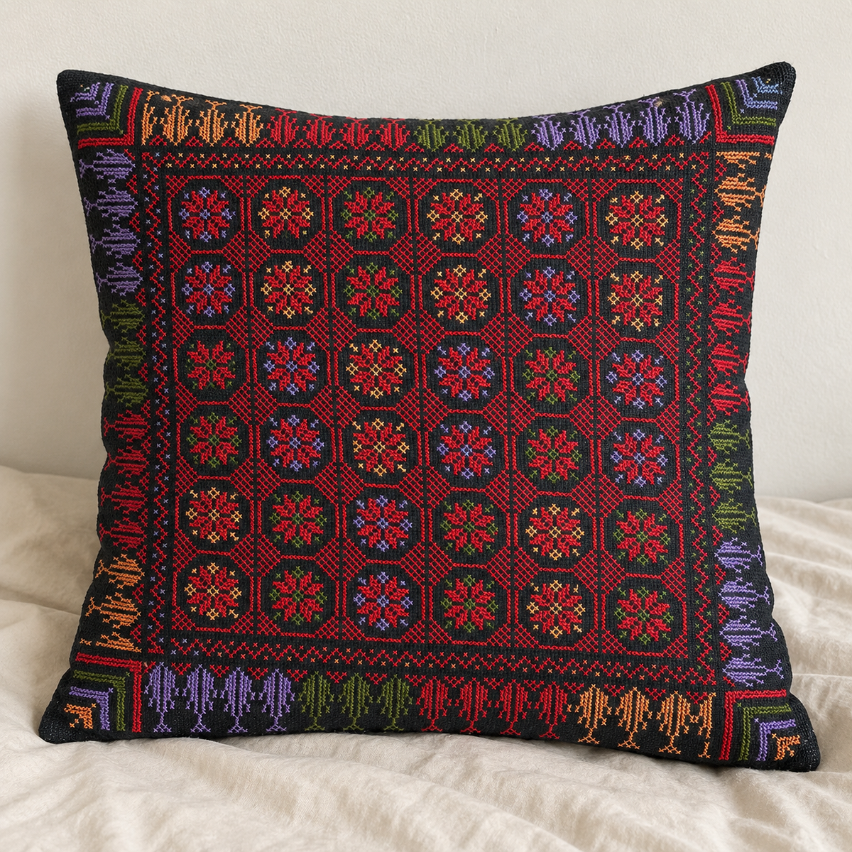 Multicolour Rosette Tatreez Cushion Cover - Black, styled on a cushion insert