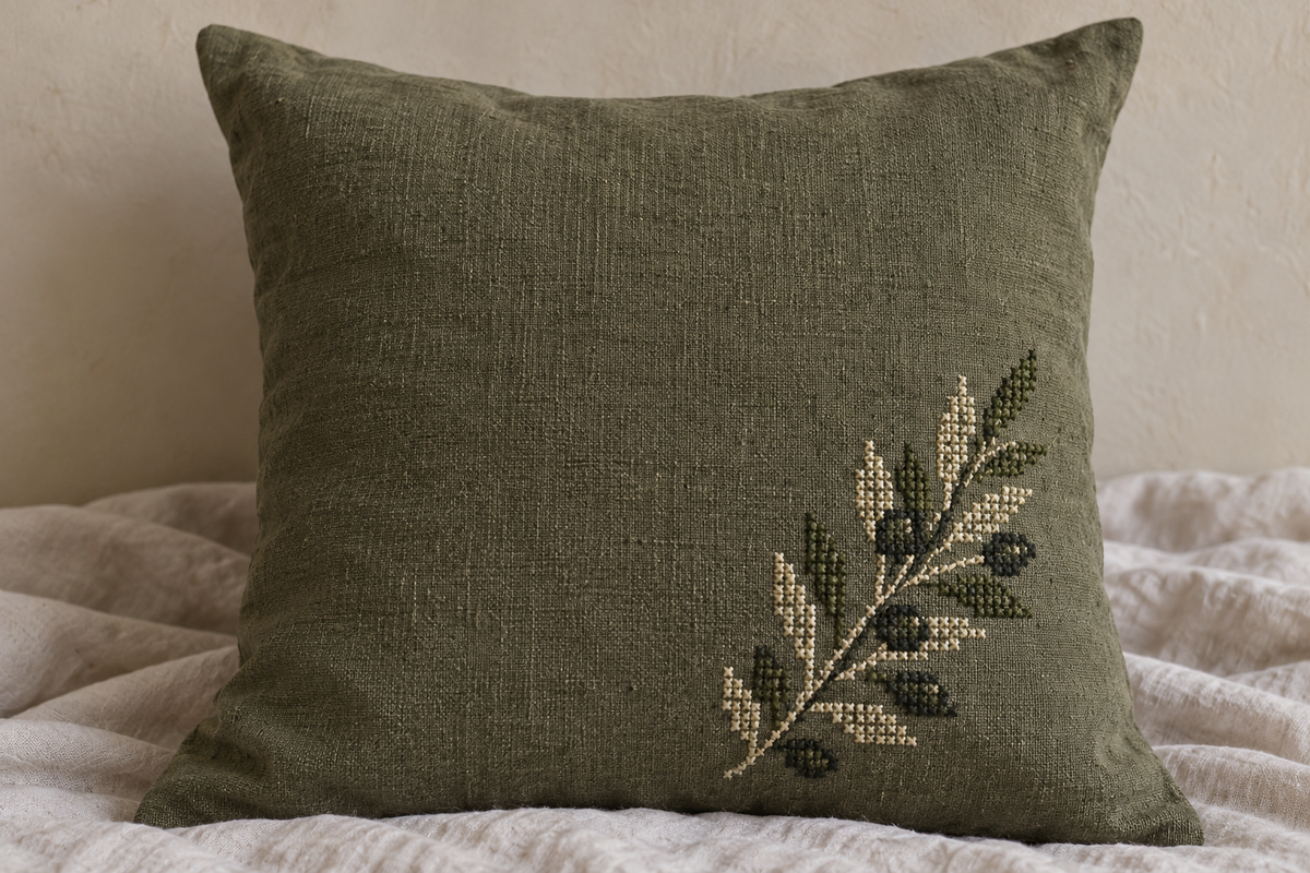 Olive Branch Tatreez Cushion Cover - Olive, closer view of the embroidery