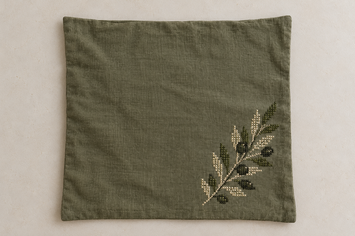 Olive Branch Tatreez Cushion Cover - Olive, cover laid flat