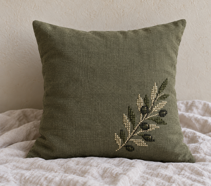 Olive Branch Tatreez Cushion Cover - Olive, product view