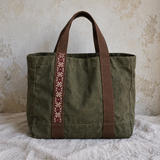 Olive Canvas Tatreez Strap Market Tote
