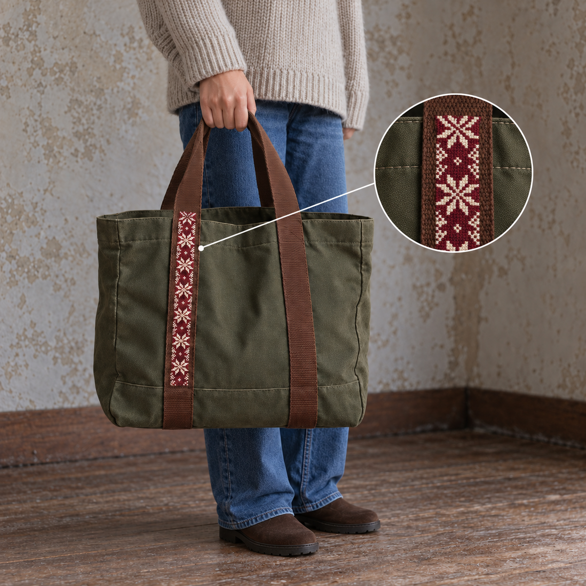 Olive canvas market tote carried by hand with an upper-right embroidery detail inset