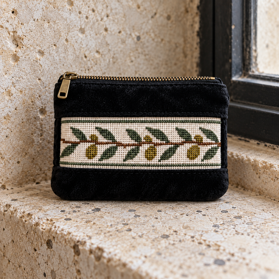 Black velvet coin purse with an ivory olive branch tatreez panel and brass-coloured zip