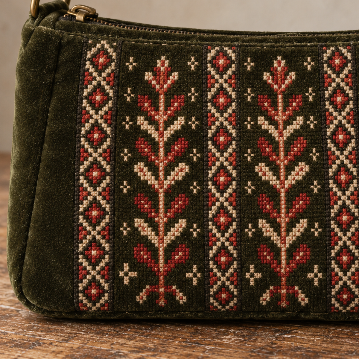 Olive Tree Tatreez Velvet Shoulder Bag - detail
