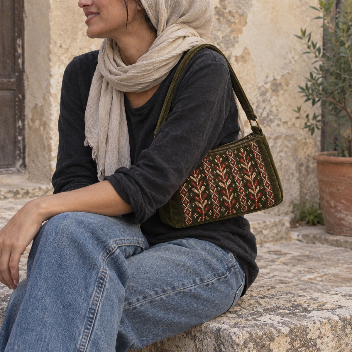 Olive Tree Tatreez Velvet Shoulder Bag - model