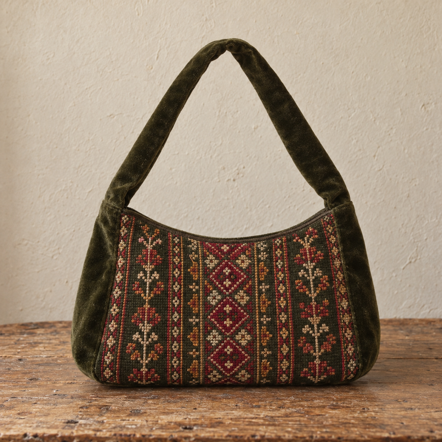 Olive velvet tatreez shoulder bag with burgundy and cream embroidered panel