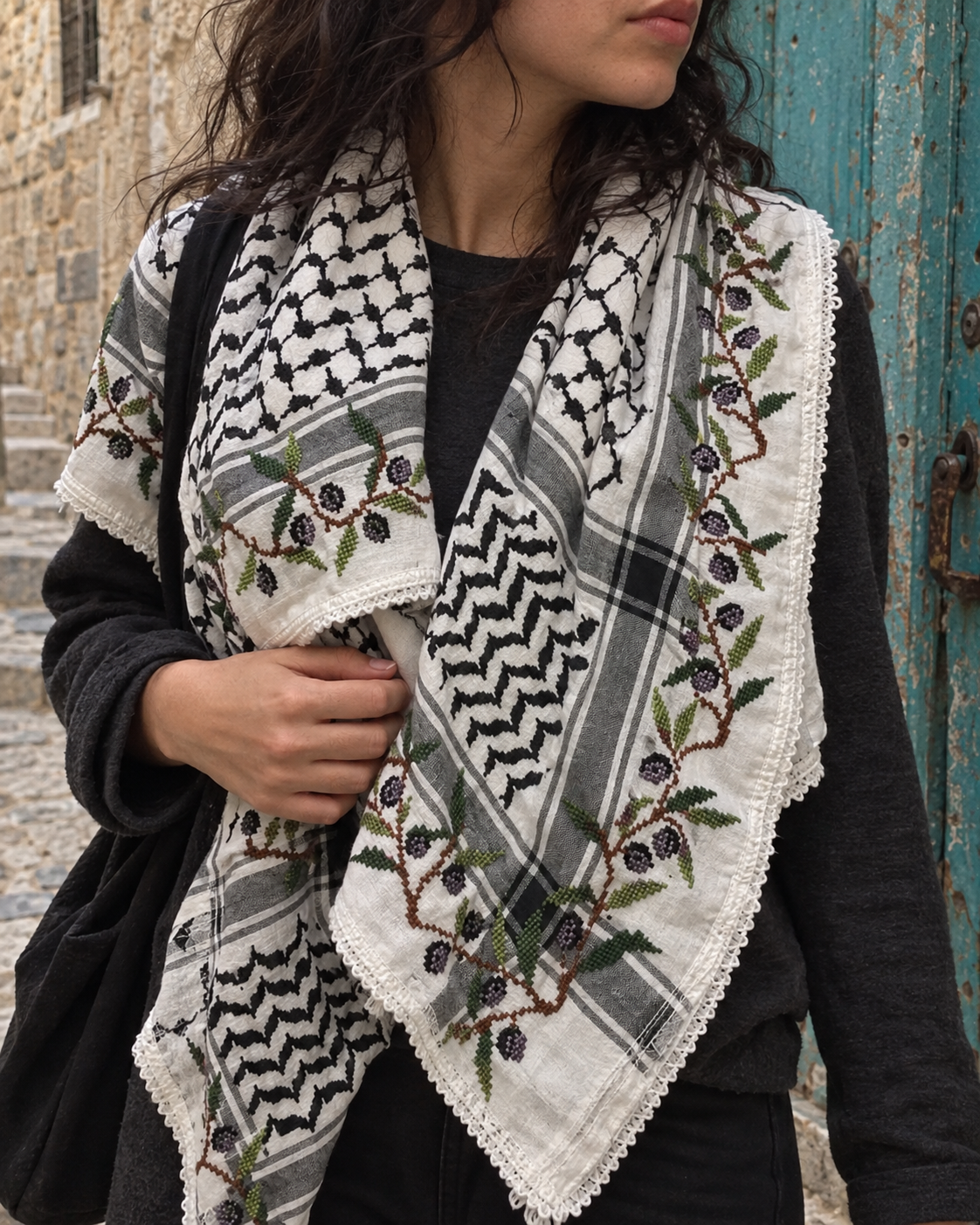 AI-assisted styling image of the olive-border keffiyeh worn over a charcoal top beside a turquoise doorway.
