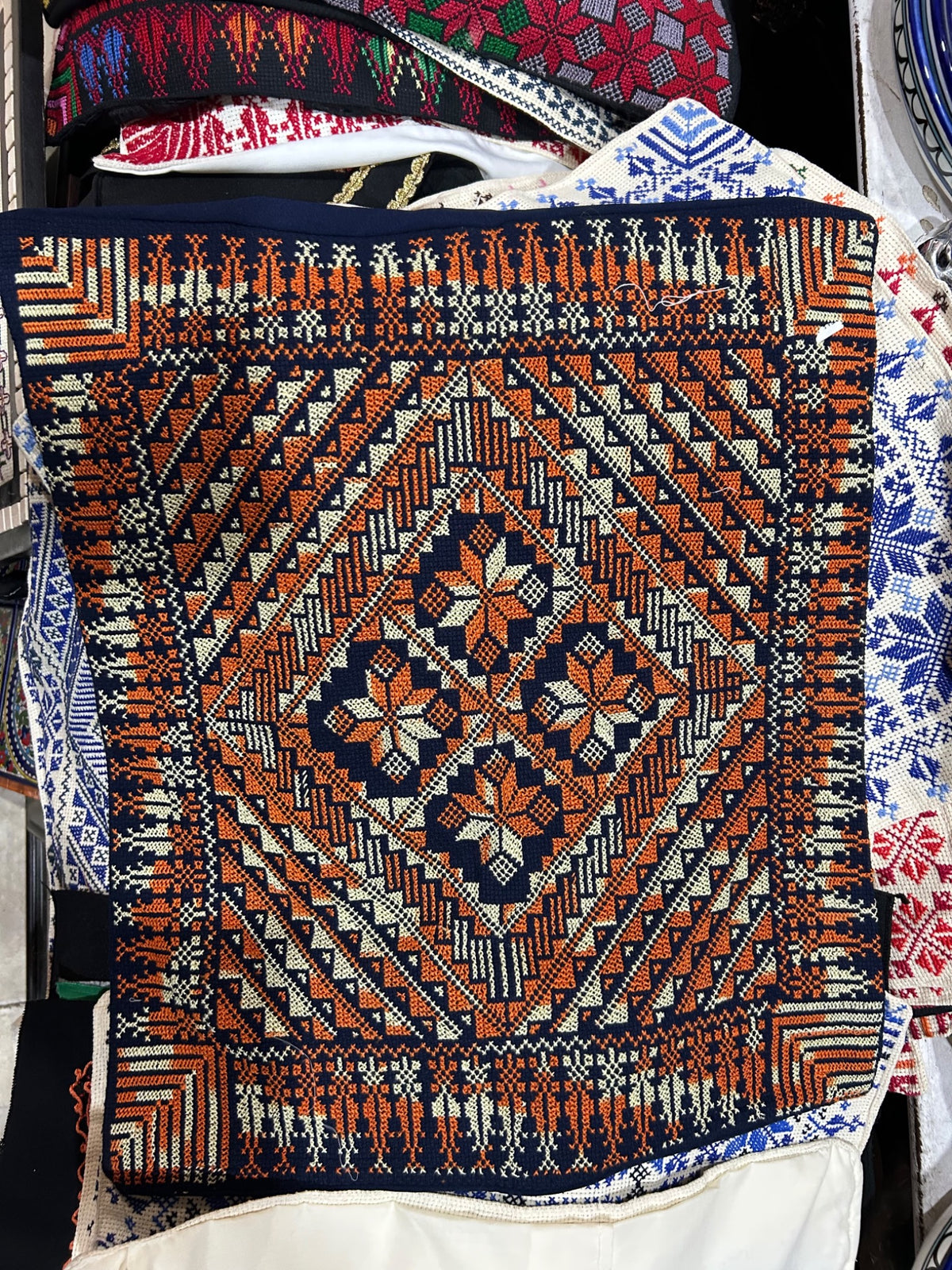 Orange and Ivory Tatreez Cushion Cover - Navy, original shop photograph