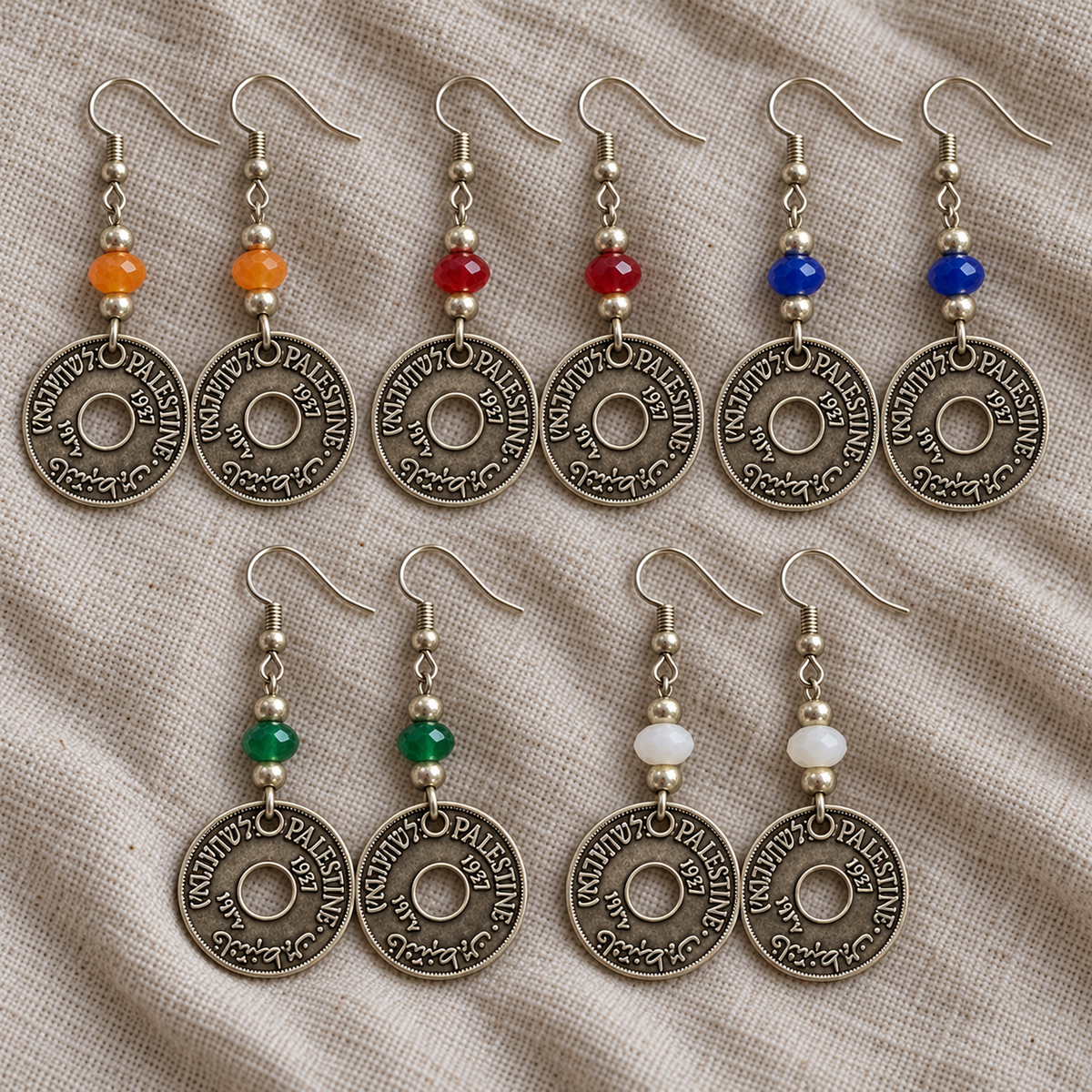 All five Palestine coin earring bead colours with faceted beads and corrected attachment position