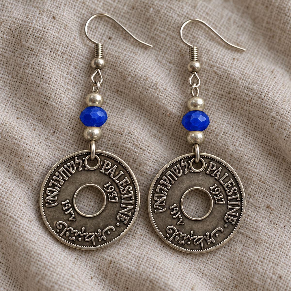 Palestine coin earrings with faceted blue beads and corrected attachment position