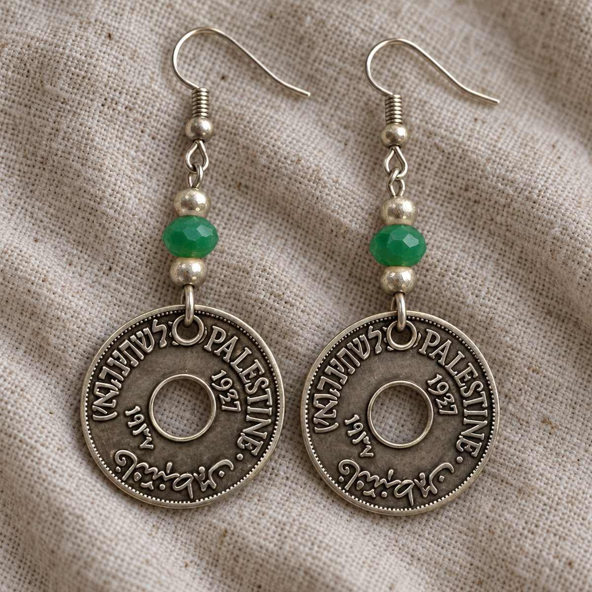 Palestine coin earrings with faceted green beads and corrected attachment position