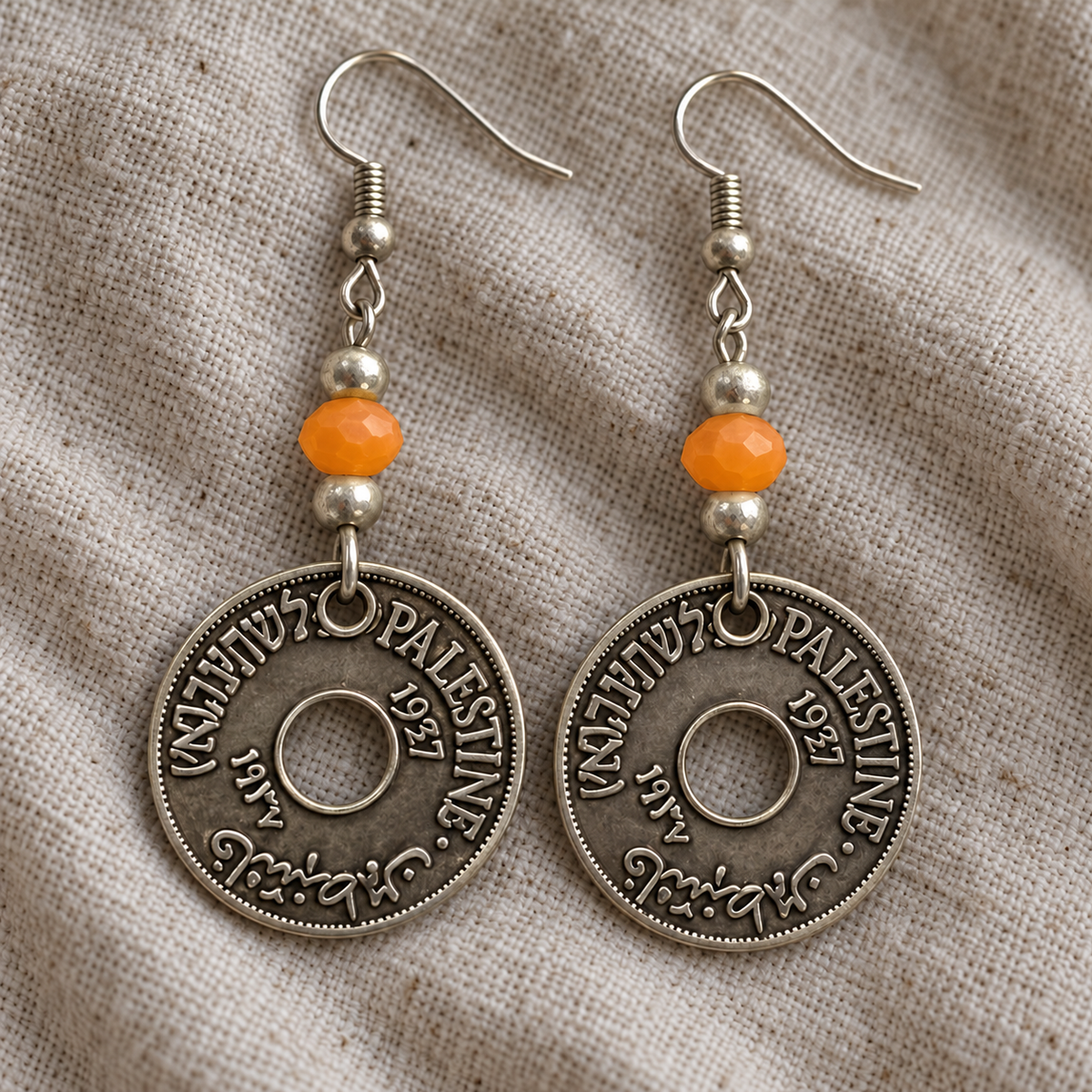 Palestine coin earrings with faceted orange beads and corrected attachment position