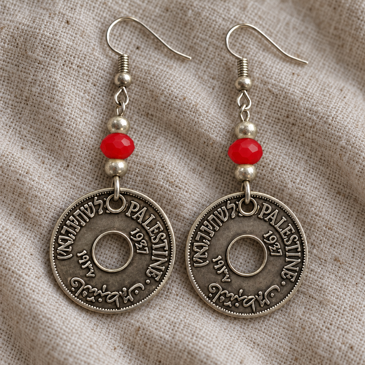 Palestine coin earrings with faceted red beads and corrected attachment position