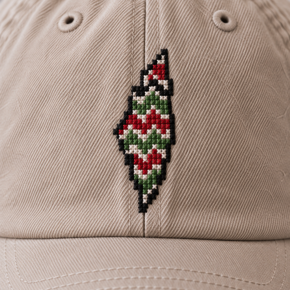 Palestine Colours Map Tatreez Cap - Stone - close-up of Palestinian tatreez stitching
