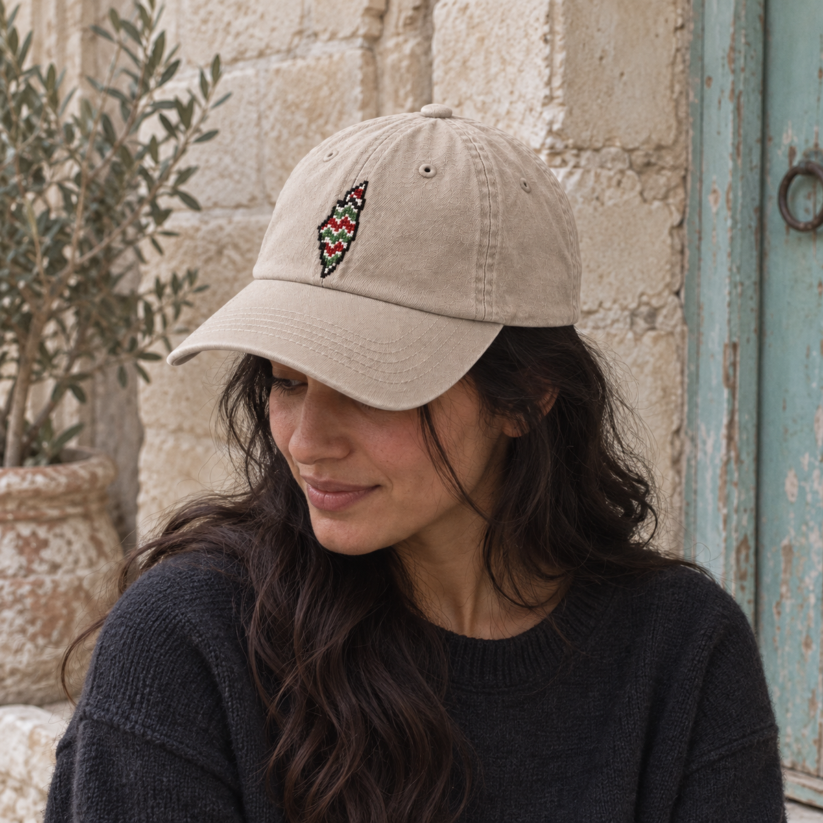 Palestine Colours Map Tatreez Cap - Stone worn on an adult model