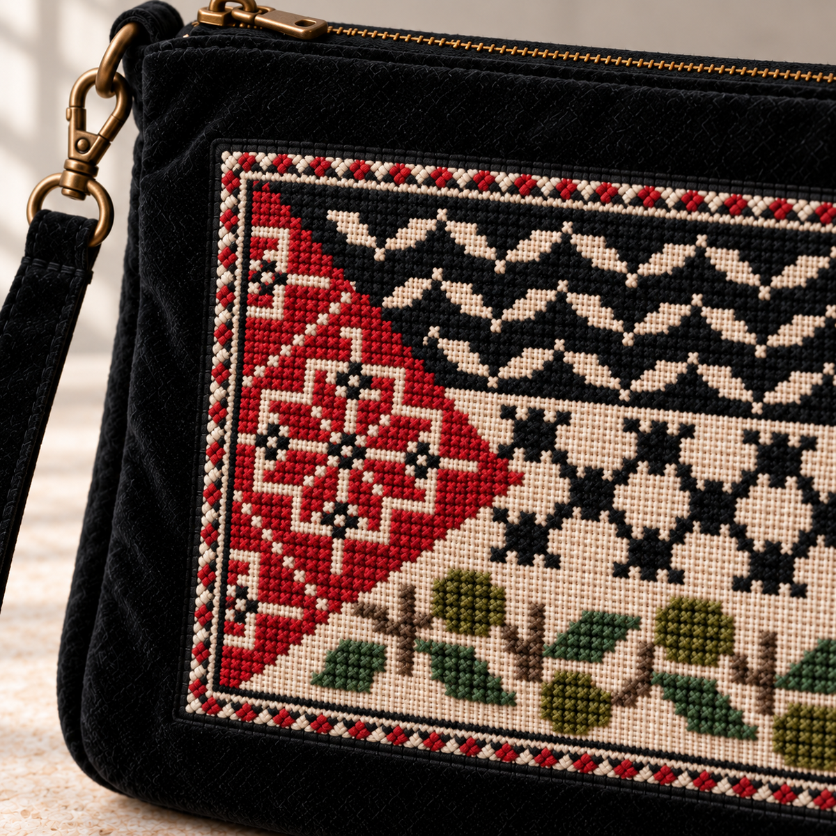 Close-up of red geometric tatreez, keffiyeh patterns and olive embroidery on black velvet