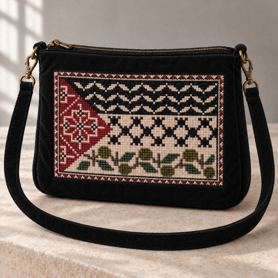 Black velvet shoulder bag with a Palestinian flag tatreez panel and olive branch embroidery