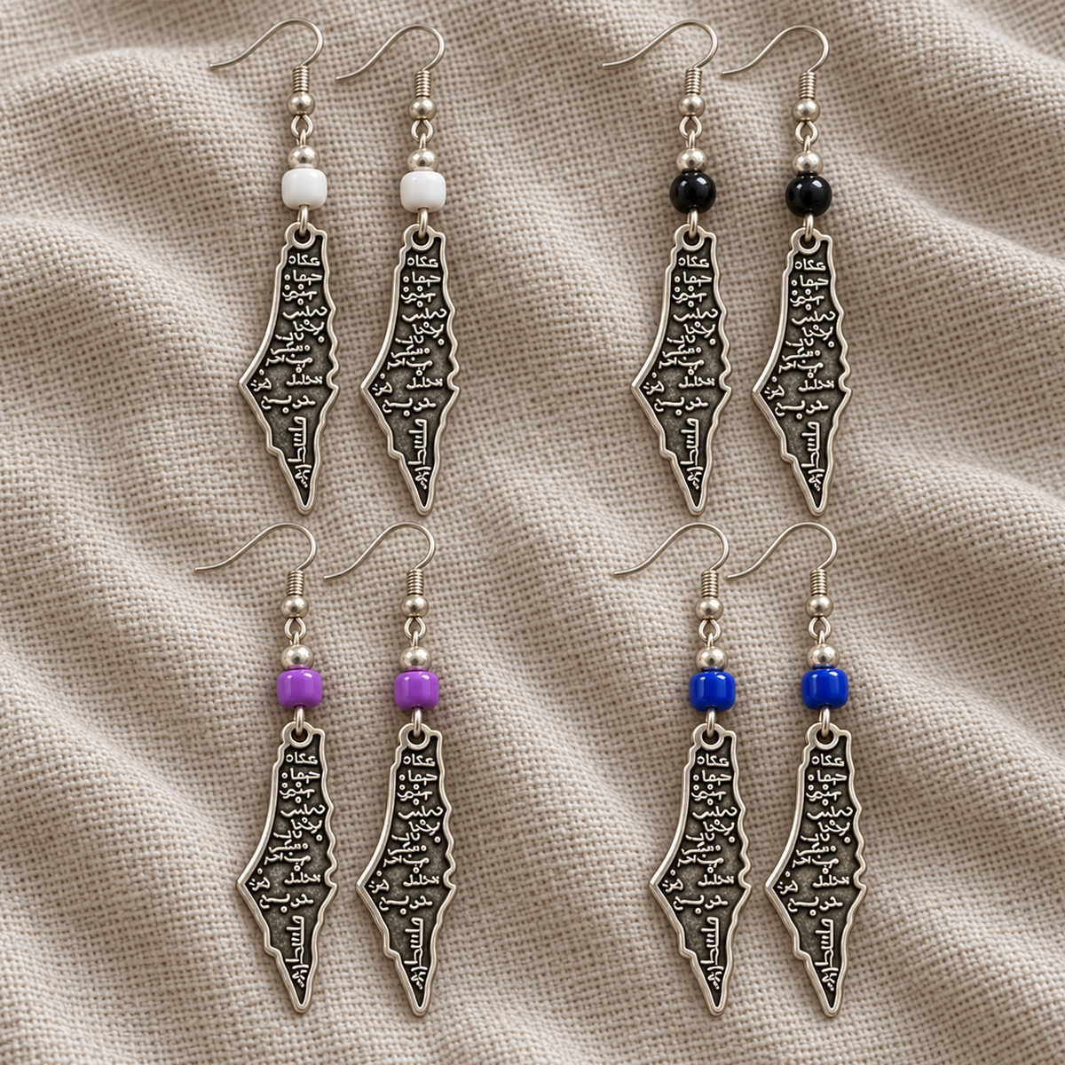 Palestine map earrings in white purple and blue barrel beads and round black beads