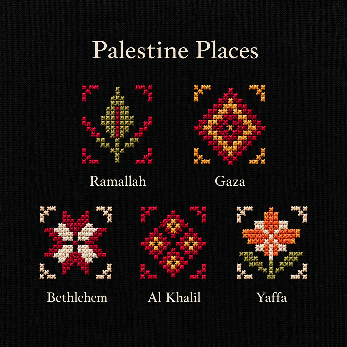 Palestine Places hoodie motifs labelled Ramallah, Gaza, Bethlehem, Al Khalil and Yaffa