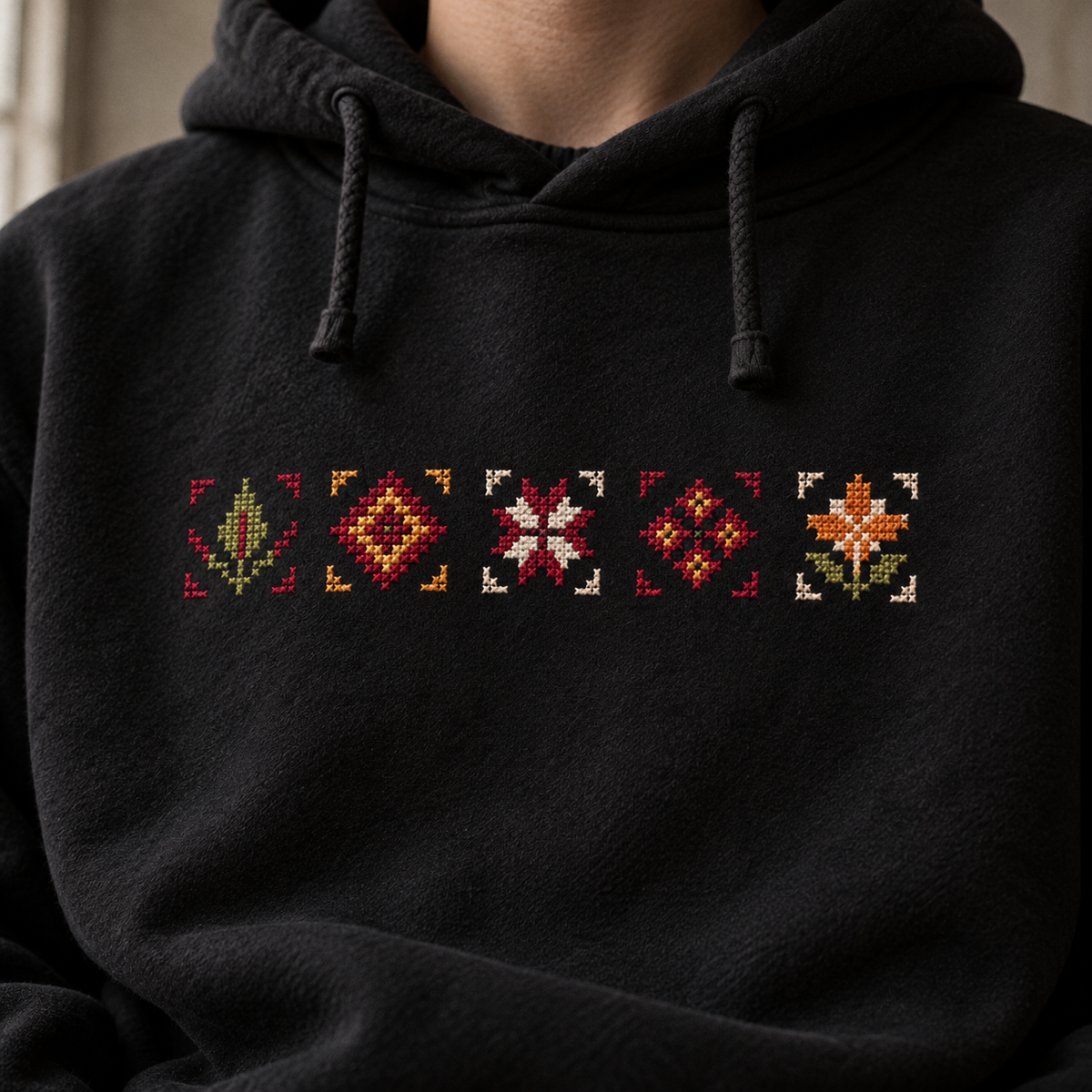 Black Palestine Places Tatreez Hoodie - detail view