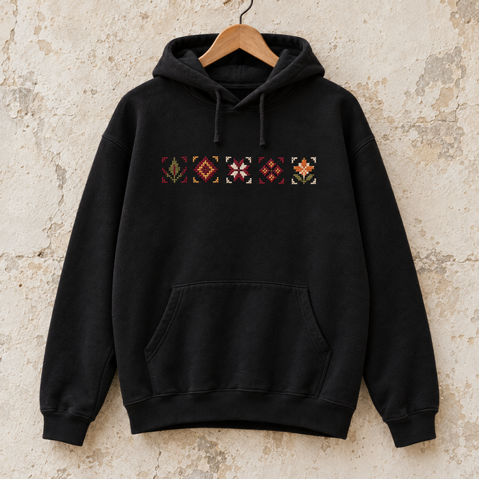 Black Palestine Places Tatreez Hoodie - product view