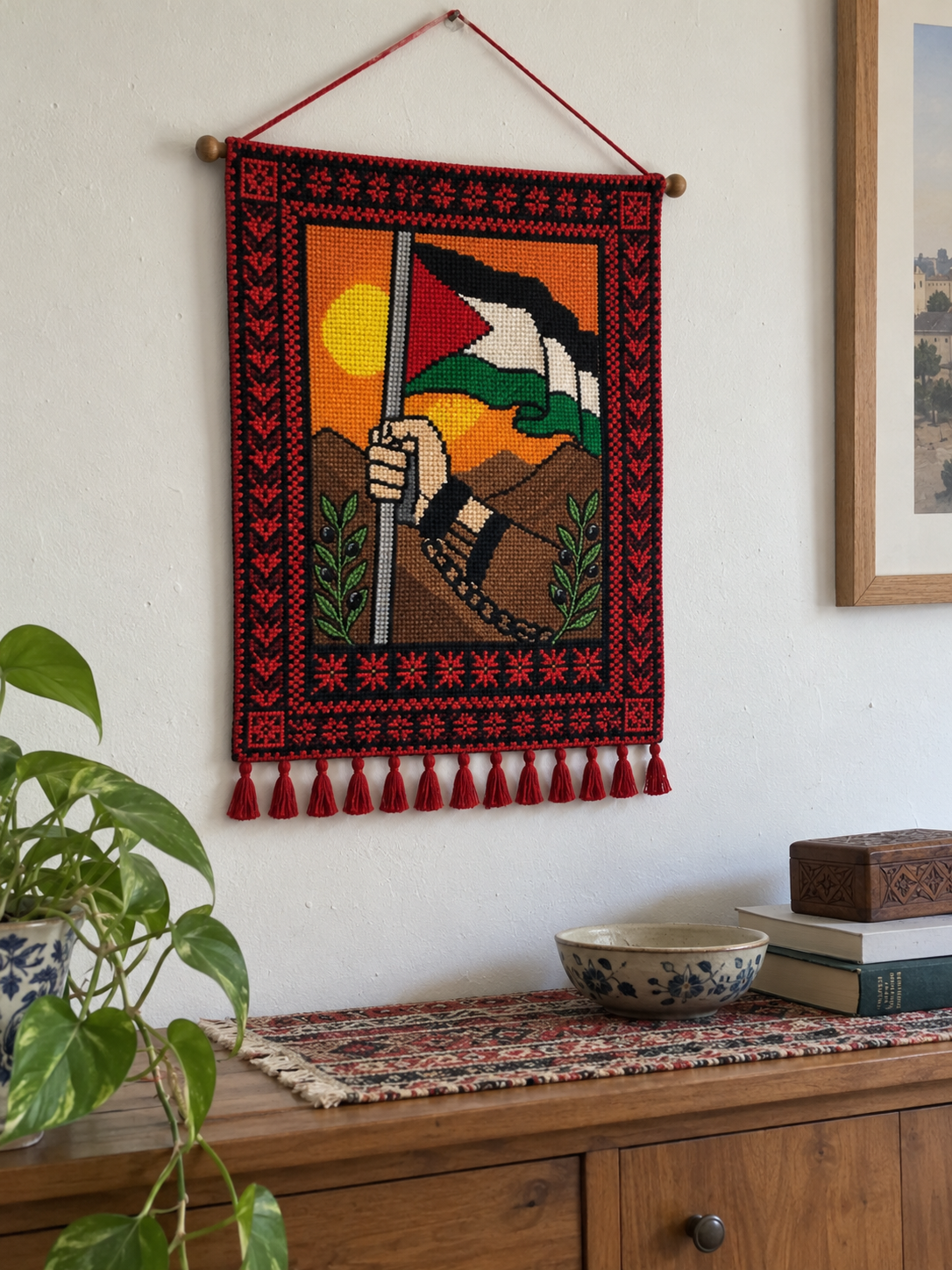 Styled design preview of the wall hanging above a wooden sideboard