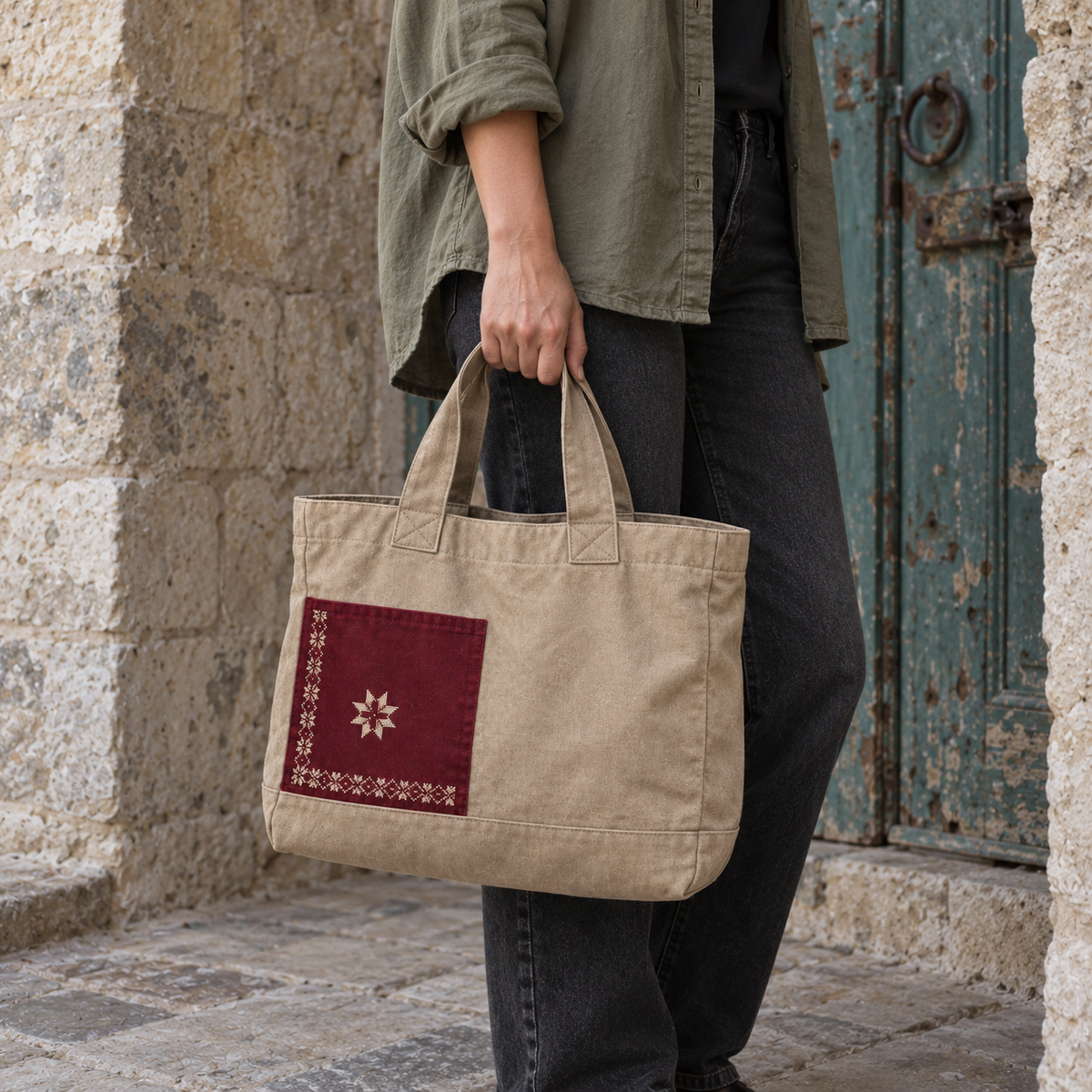 Sand canvas tote with burgundy tatreez pocket carried by its short handles