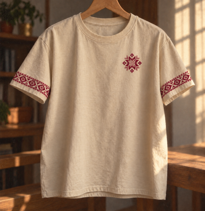 Cream tatreez star and sleeve T-shirt on a wooden hanger, showing the front embroidery.