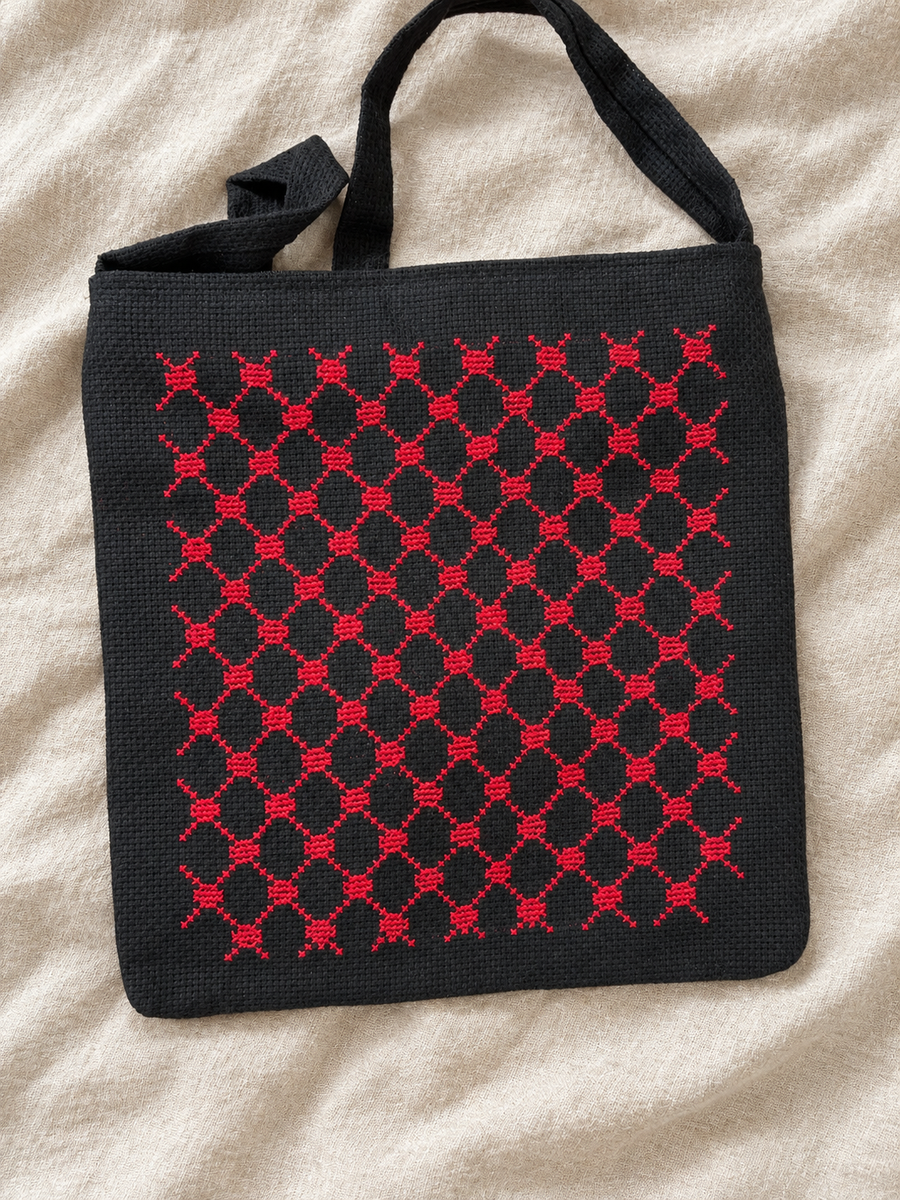 Red Diamond Lattice Tatreez Bag - Black - styled product view