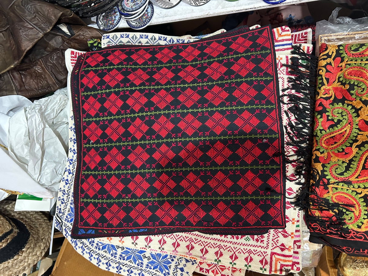 Red Diamond Rows Tatreez Cushion Cover - Black, original shop photograph