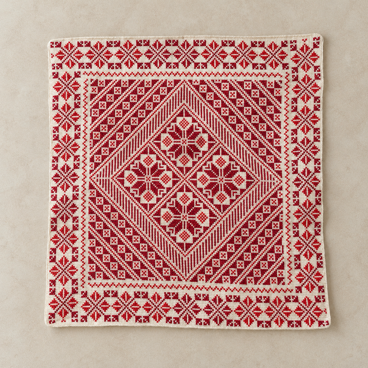 Red Diamond Tatreez Cushion Cover - Cream, embroidered front laid flat