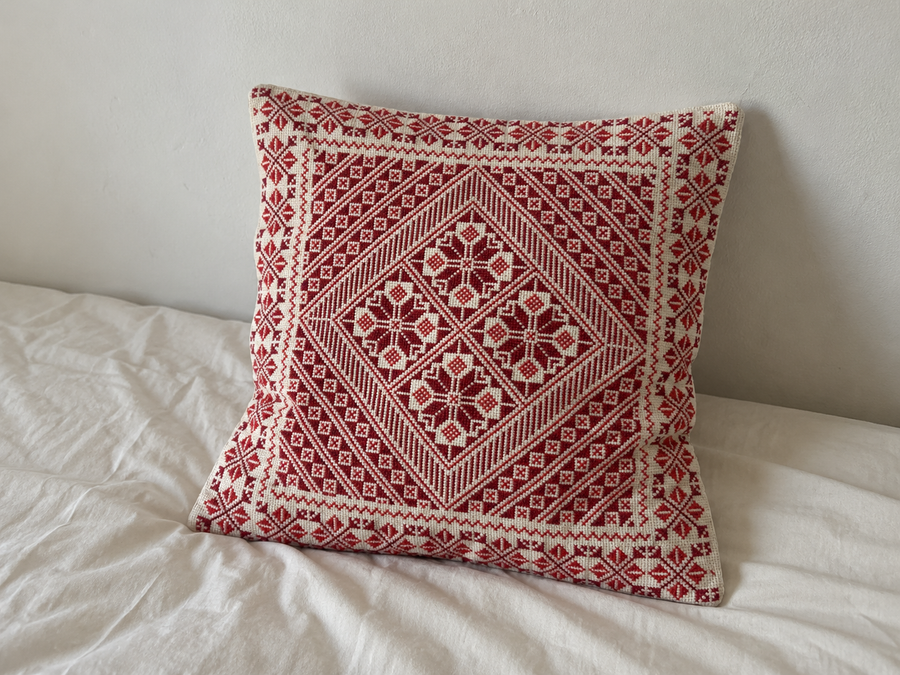 Red Diamond Tatreez Cushion Cover - Cream, styled on a cushion insert