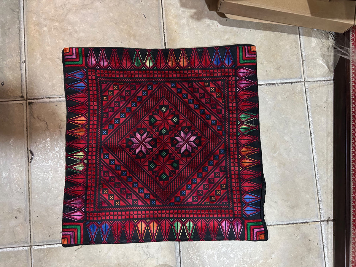 Red Floral Diamond Tatreez Cushion Cover - Black, original shop photograph