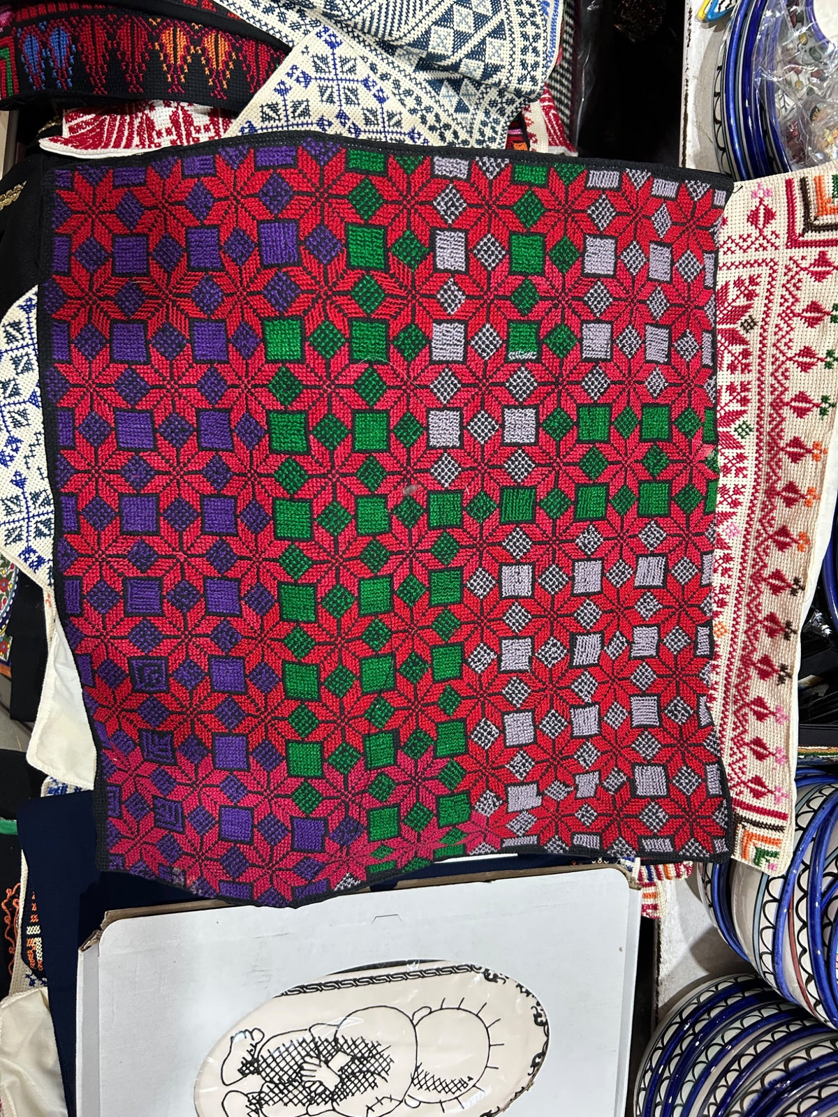Red Star Lattice Tatreez Cushion Cover - Black, original shop photograph