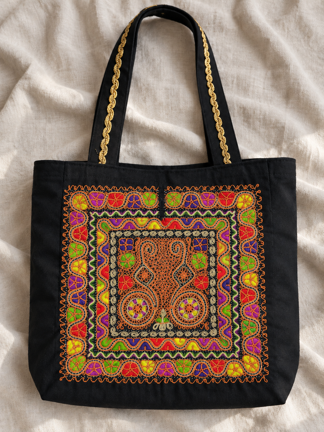 Scroll Tahriri Bag - Gold and Multicolour - finished bag mockup