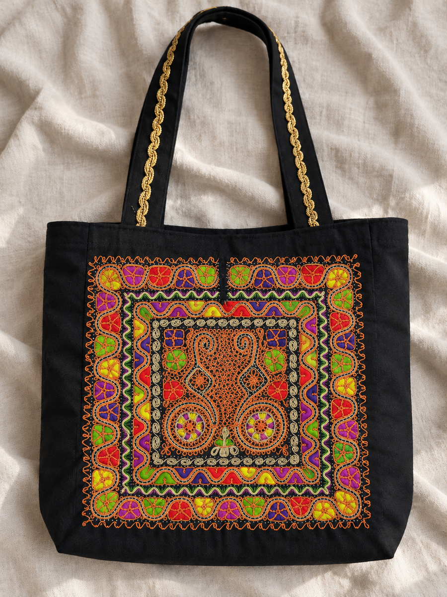 Scroll Tahriri Bag - Gold and Multicolour - finished bag mockup