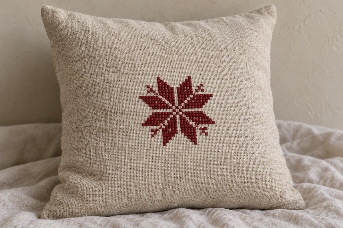 Single Star Tatreez Cushion Cover - Oatmeal, closer view of the embroidery