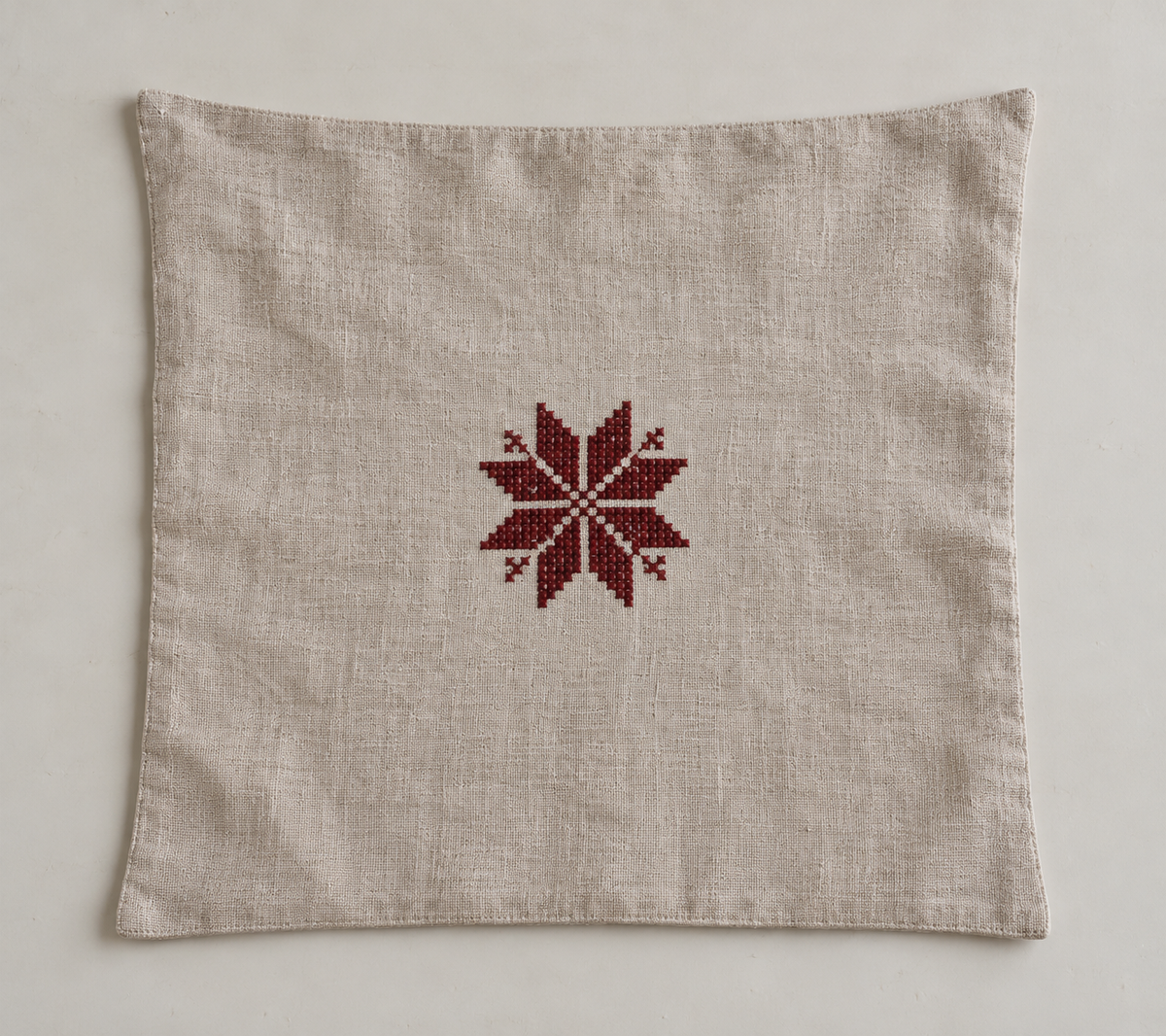 Single Star Tatreez Cushion Cover - Oatmeal, cover laid flat