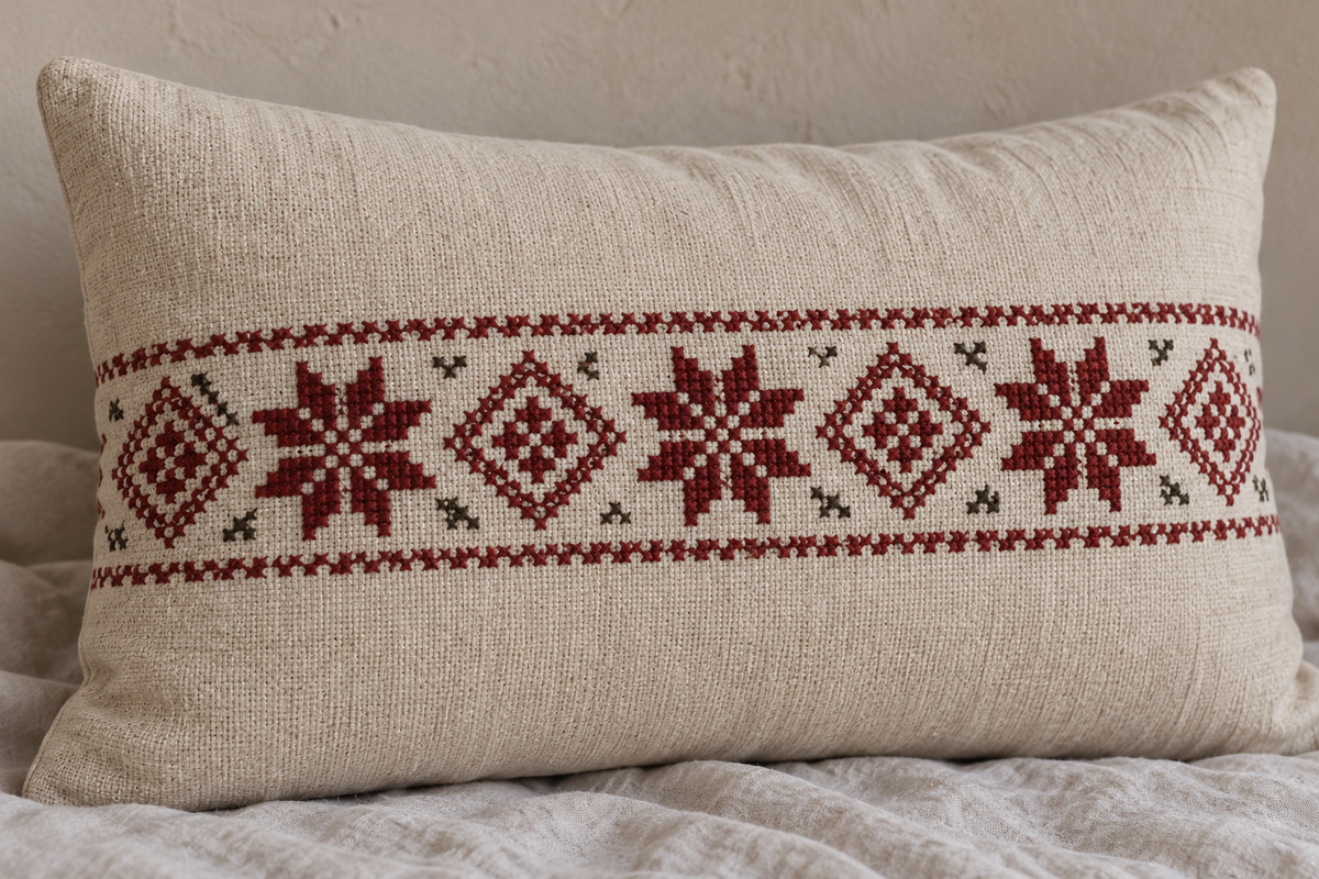 Star Band Tatreez Lumbar Cushion Cover - Cream, closer view of the embroidery