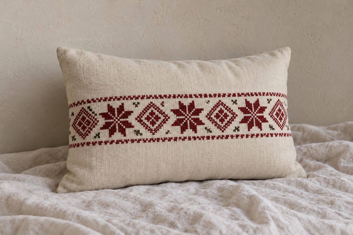 Star Band Tatreez Lumbar Cushion Cover - Cream, product view