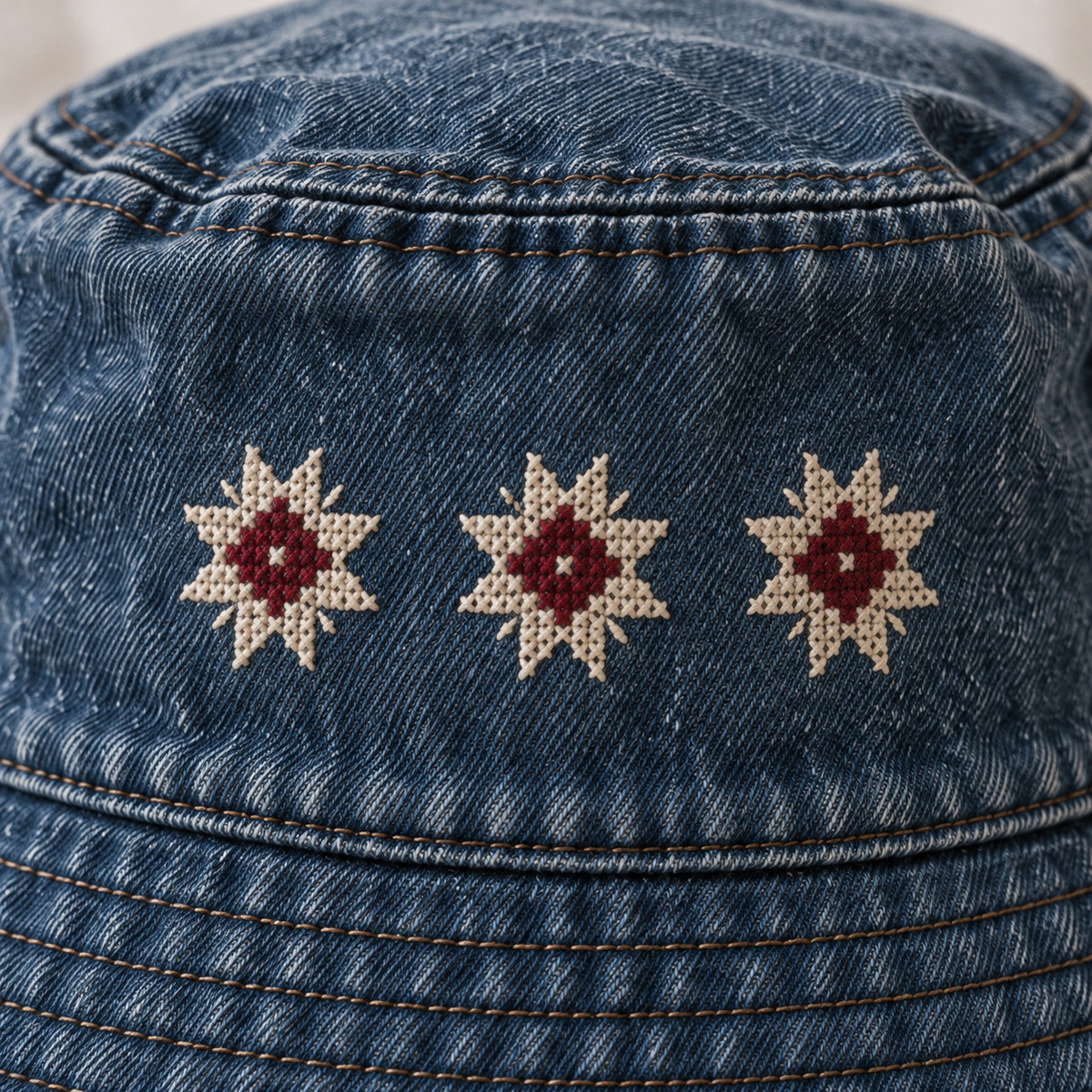 Three Star Tatreez Bucket Hat - Denim - close-up of Palestinian tatreez stitching