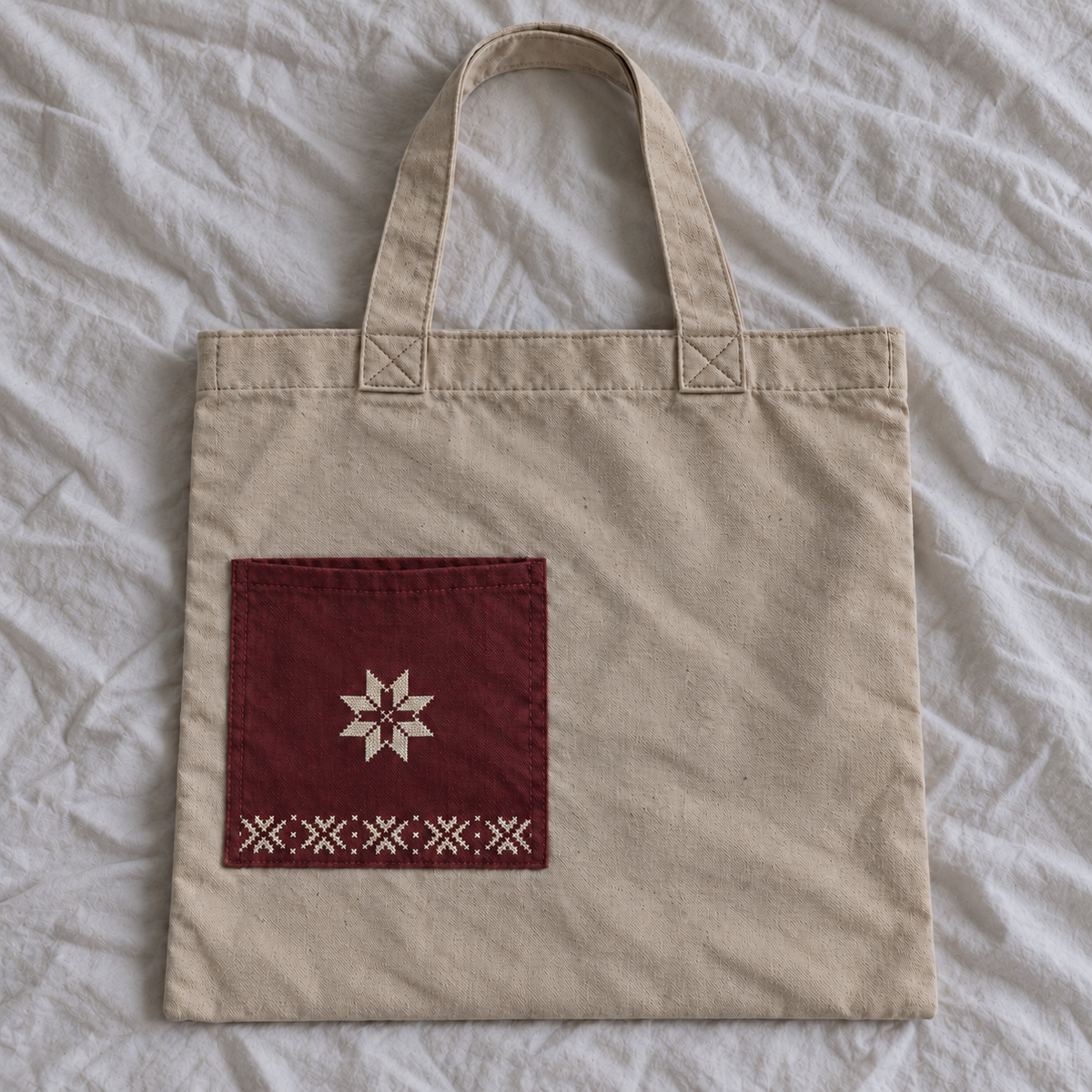 Flat lay of sand canvas star pocket tote on neutral cotton